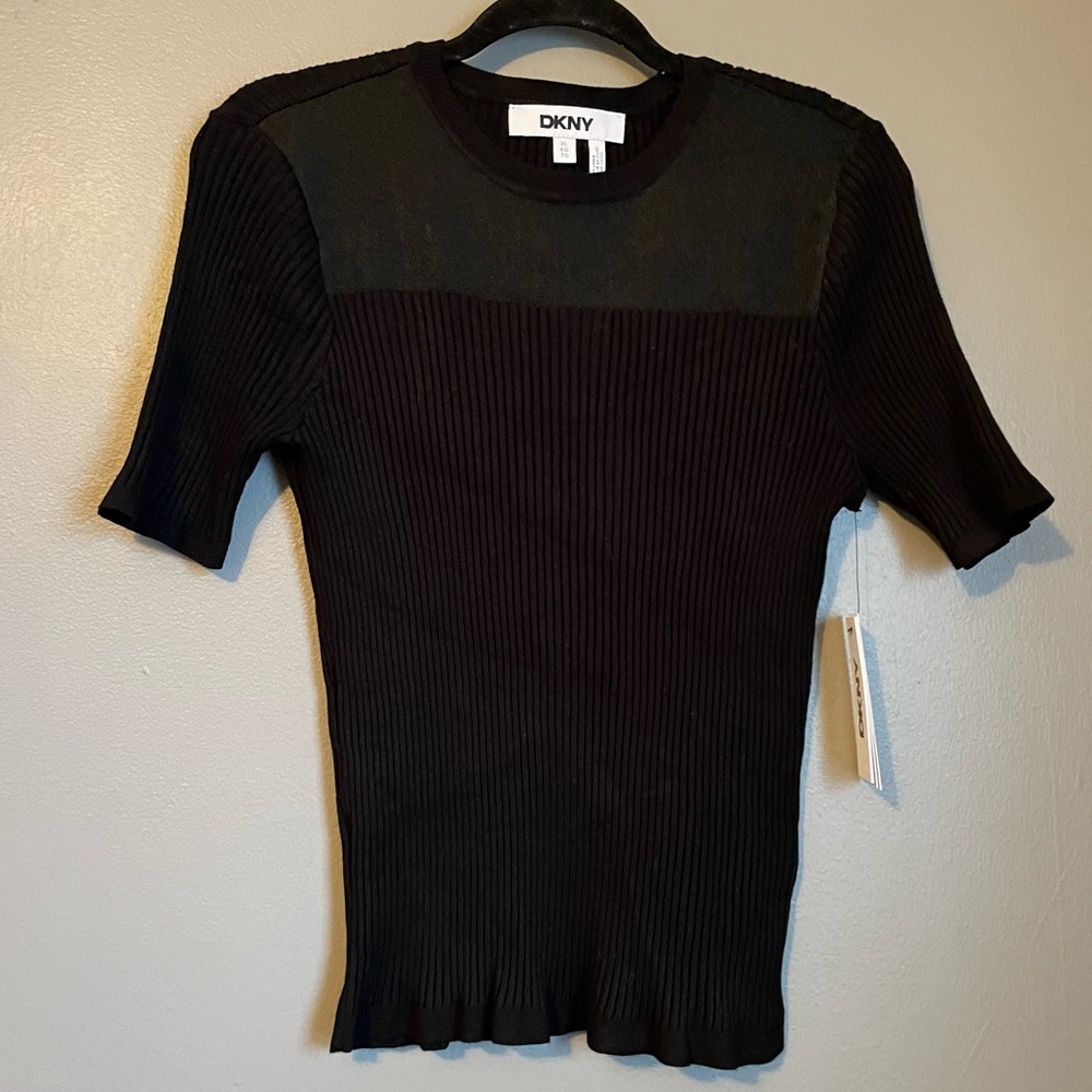NWT DKNY Sz XL Women’s Black Mesh Chest Short Sleeve Stretchy Blouse Top Ret $79